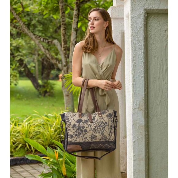 Myra Bag Handmade Mystique Messenger Bag Upcycled Canvas & Cowhide Leather - Picture 1 of 13